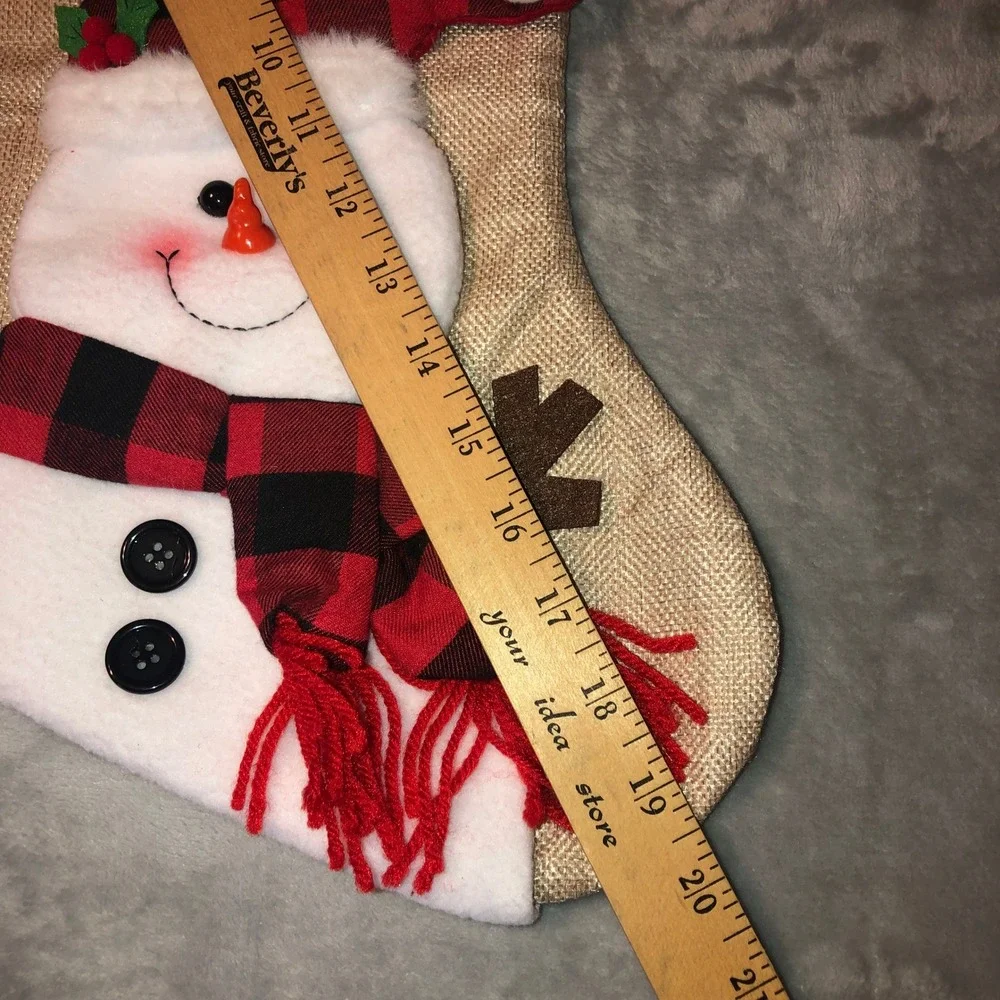 Snowman Christmas Stocking Buffalo Plaid Burlap Red Black Holiday Decor 18